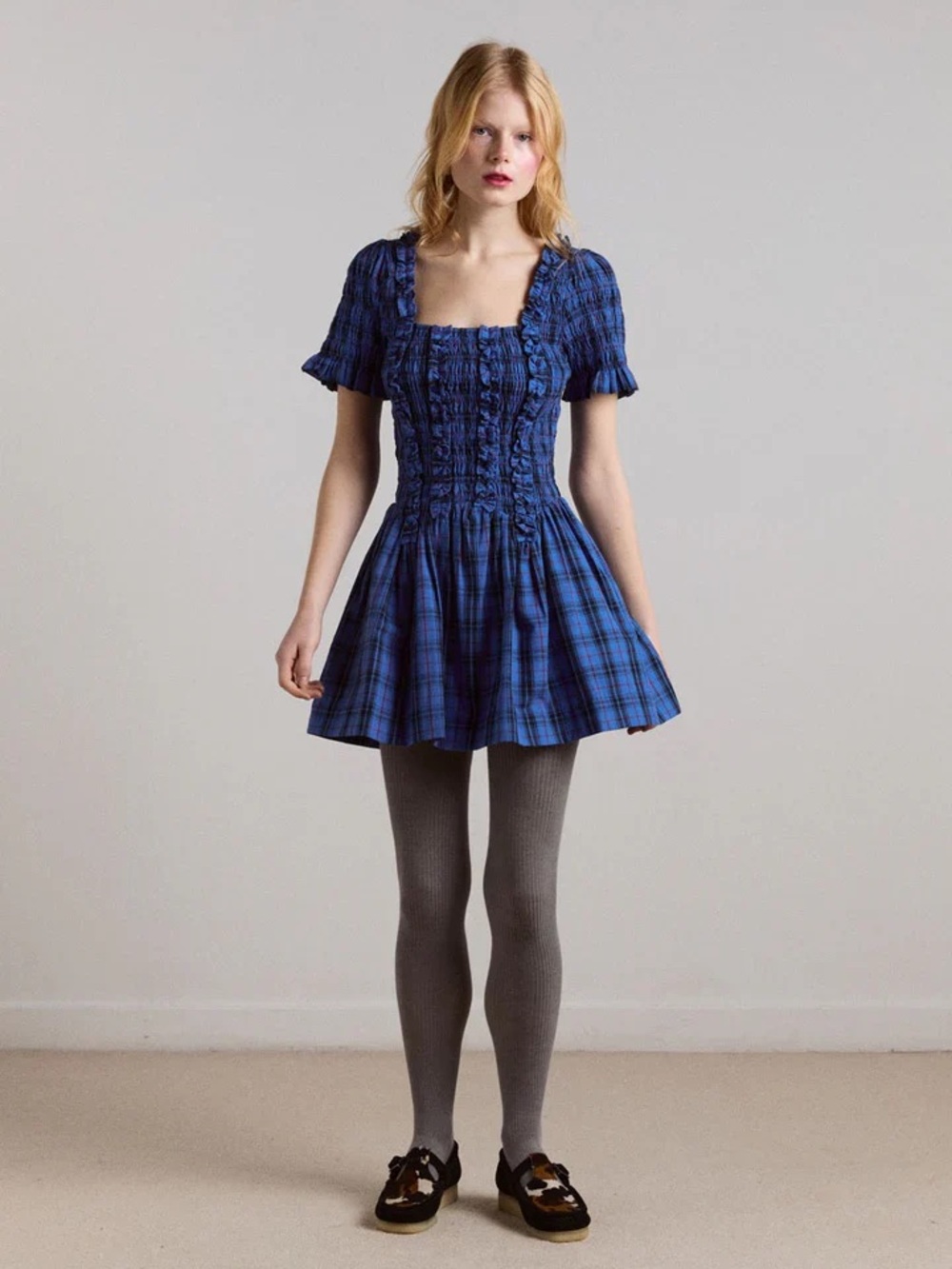Damson Madder Raphaela Short Sleeve Mini Dress Blue Tartan Size 4 US UK 8 NWT